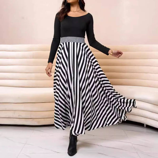 Long-sleeved, striped, sexy slim-fitting dress