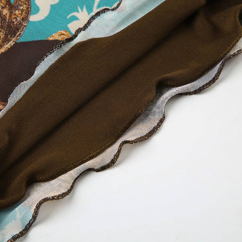 V-neck Slim Vintage print Lace Halter top