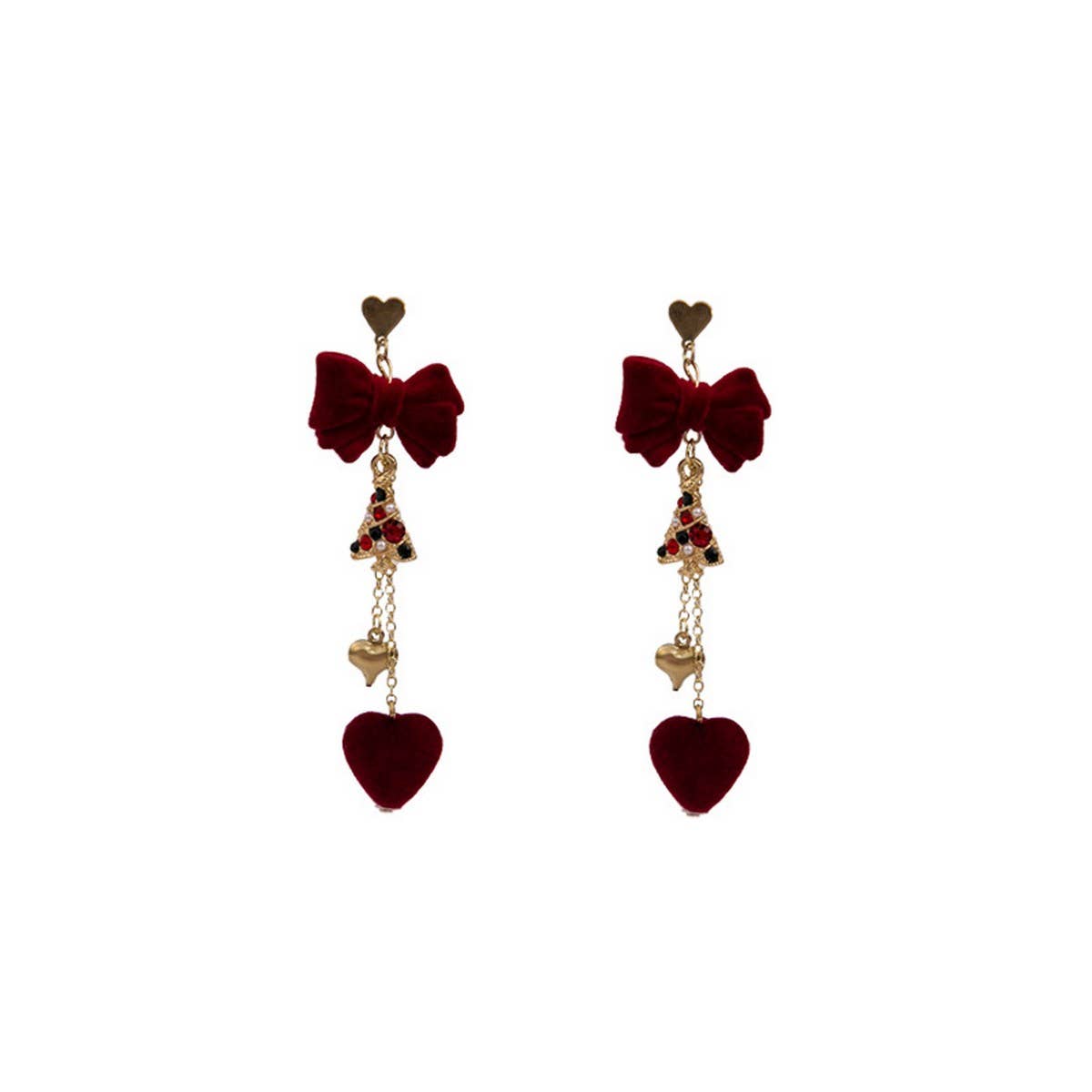 NEW BURGUNDY BOW LONG HEART EARRINGS