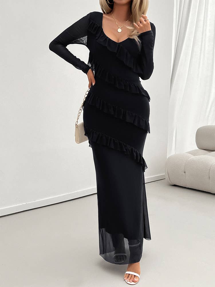 LONG SLEEVE TEMPERAMENT SLIM MESH V-NECK DRESS