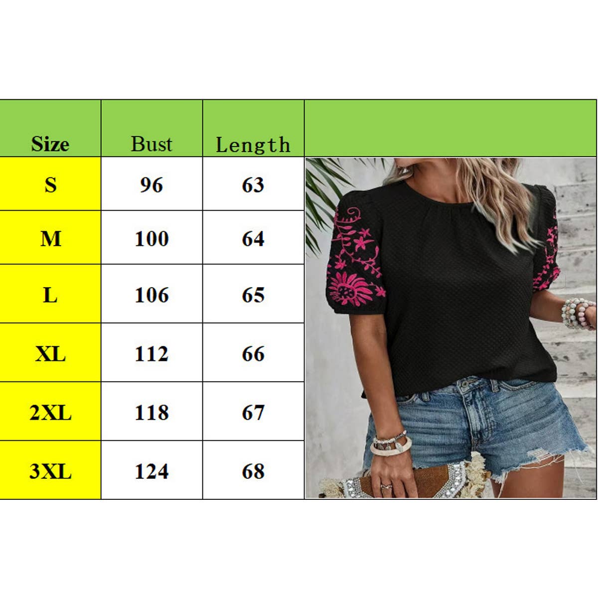 Round-neck embroidered puffed sleeve pullover