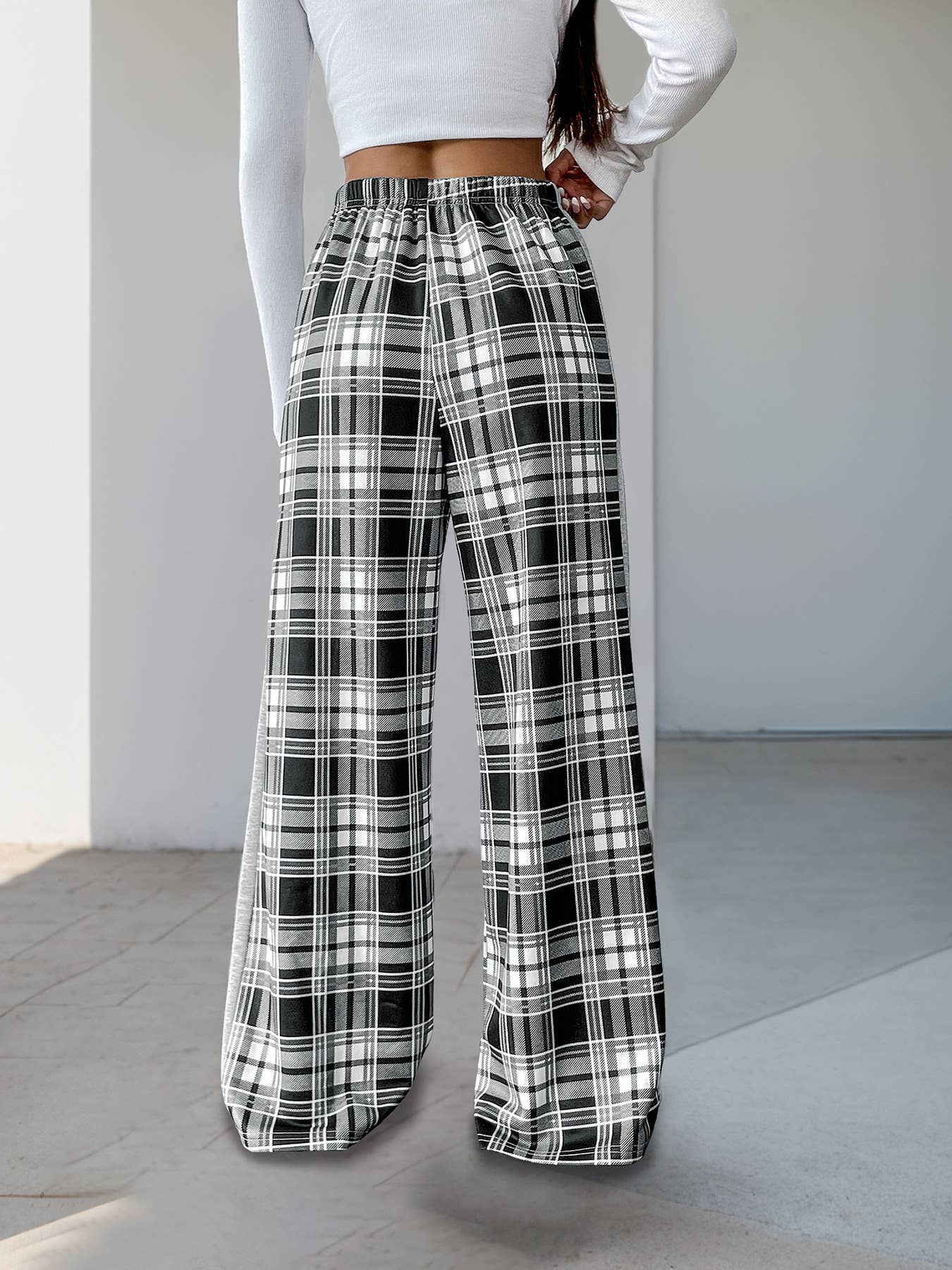 Casual plaid patchwork wide-leg pants