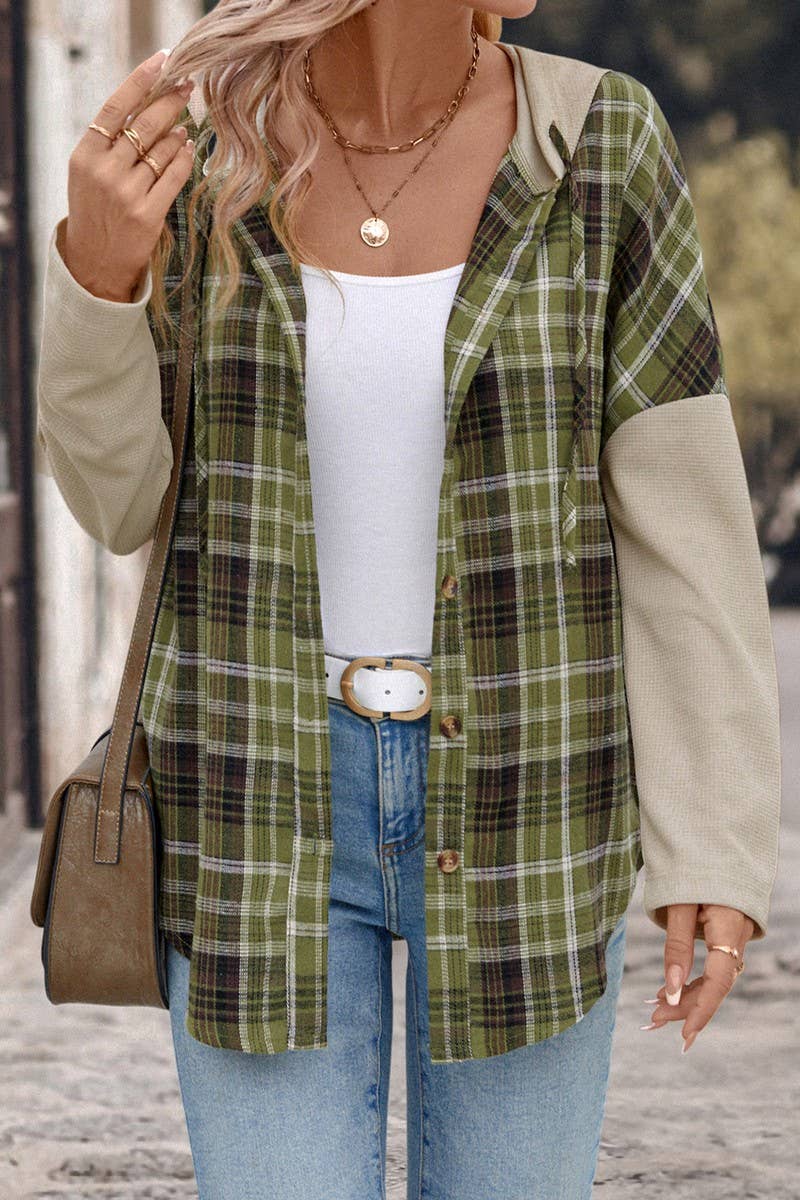 CWOHOL1105_CASUAL PLAID LONG SLEEVE HOODED PANEL SHIRT