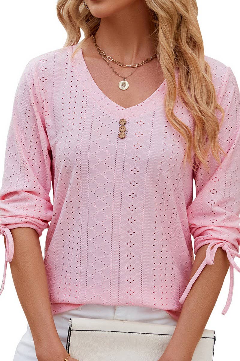 V NECK BUTTON DRAWSTRING T SHIRT_CWTSTS0191