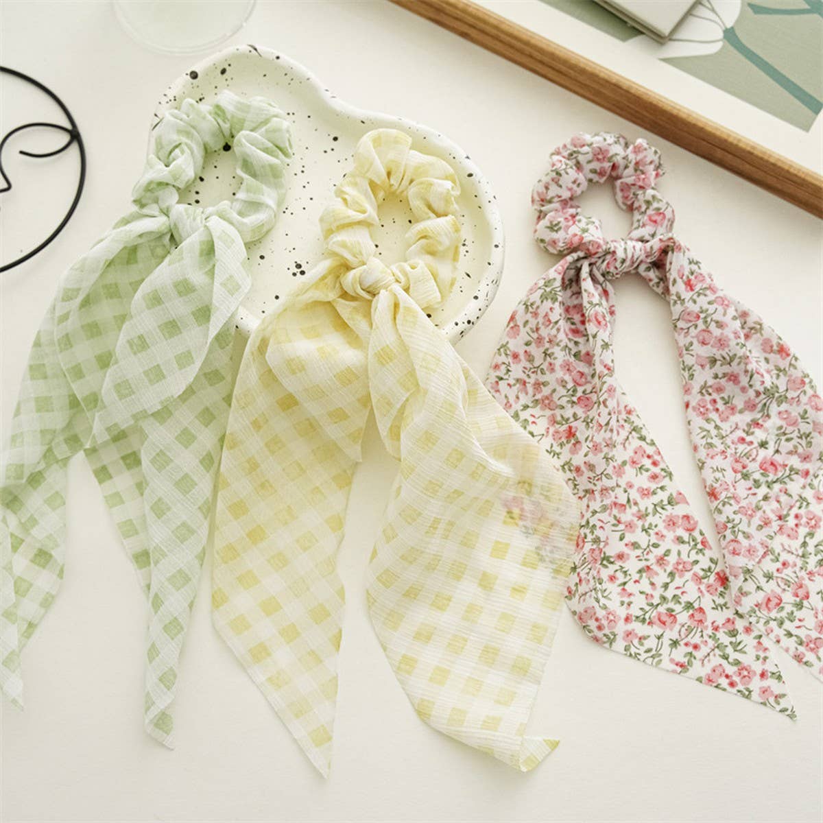 SMALL FRESH FLORAL PLAID RIBBON HAIR TIE_CWAHA1084