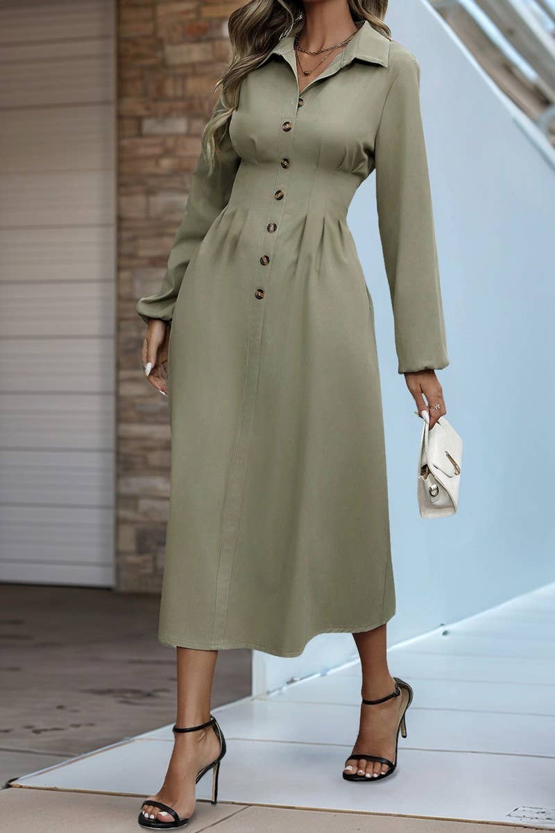 CWDMD4803_AUTUMN COMMUTER LAPEL WAIST BUTTON SHIRT DRESS