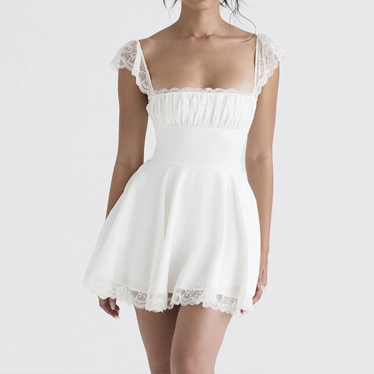 Lace-trimmed square-neck fitted backless dress
