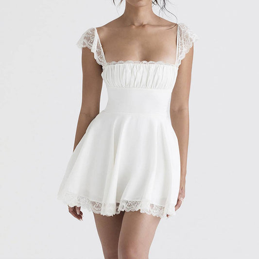 Lace-trimmed square-neck fitted backless dress