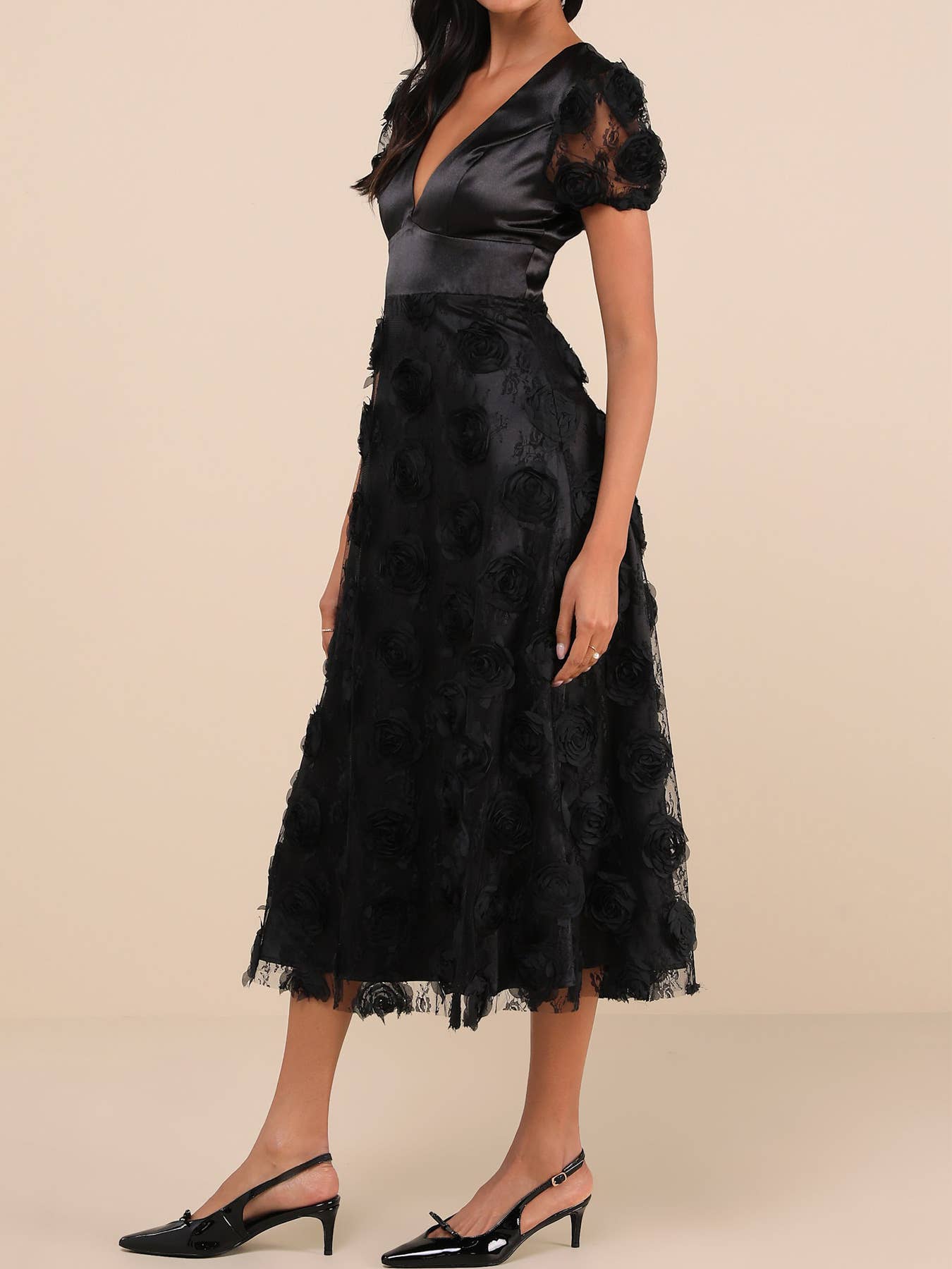 MESH SPLICED SHORT SLEEVE V-NECK 3D ROSE DRESS