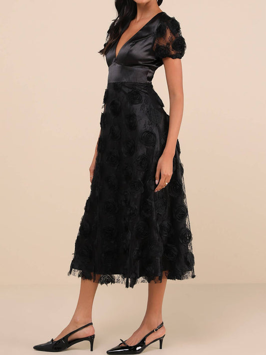 MESH SPLICED SHORT SLEEVE V-NECK 3D ROSE DRESS