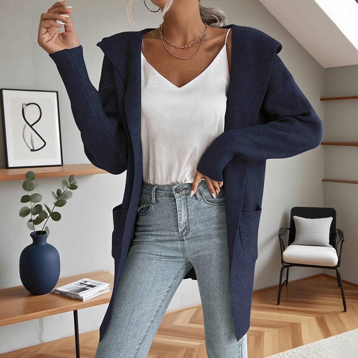 Solid color pit strip hooded unbuttoned cardigan