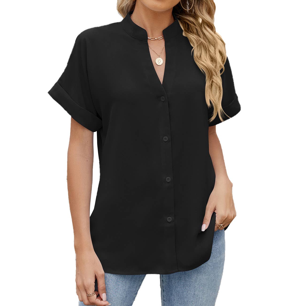 Solid color V-neck short sleeve button chiffon