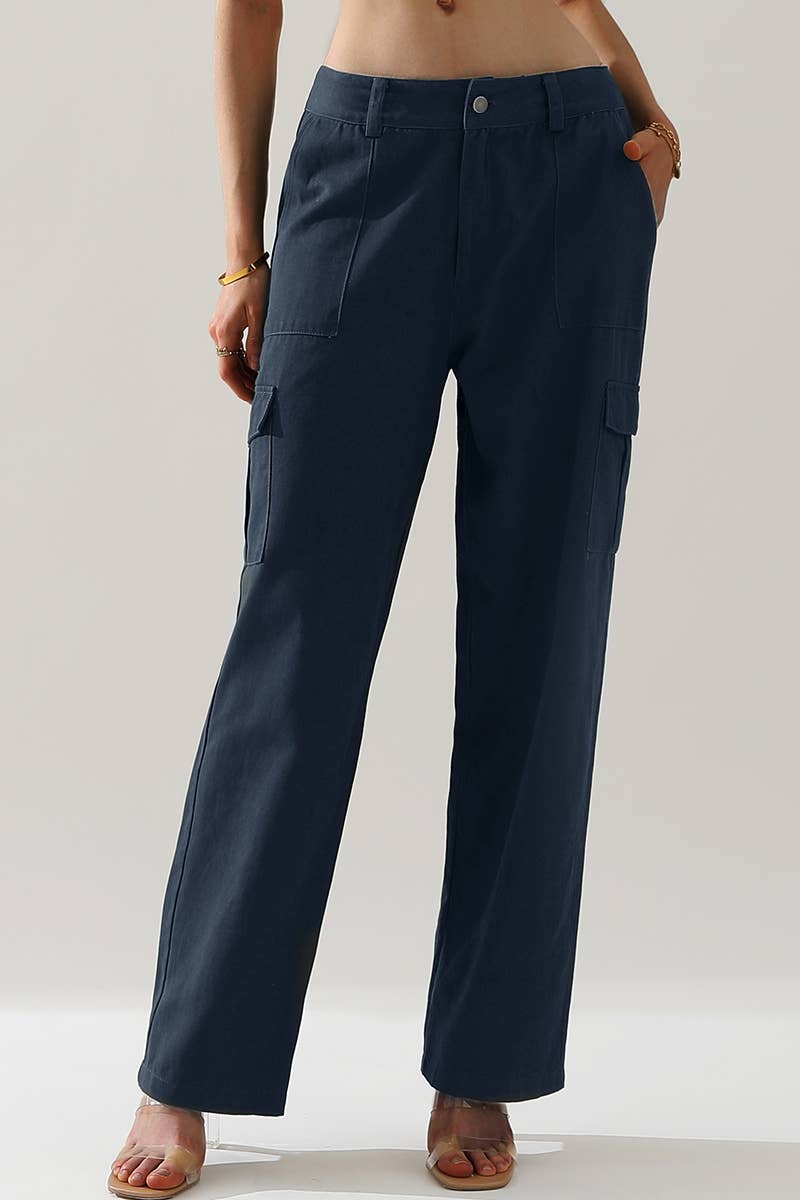 CWBLP421_Cargo Cotton Pants Wide Leg Casual Pants 4 Pockets