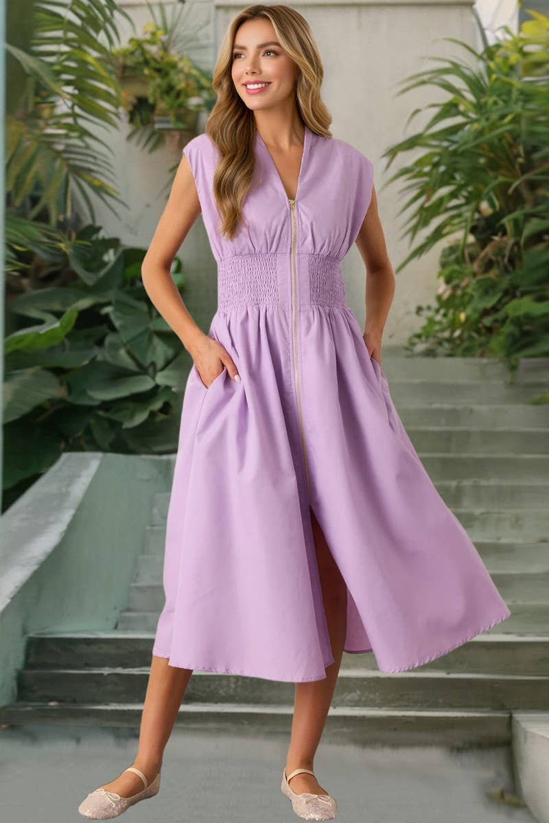 CWDMD6125_SOLID RUCHED ZIP FRONT V-NECK DRESS