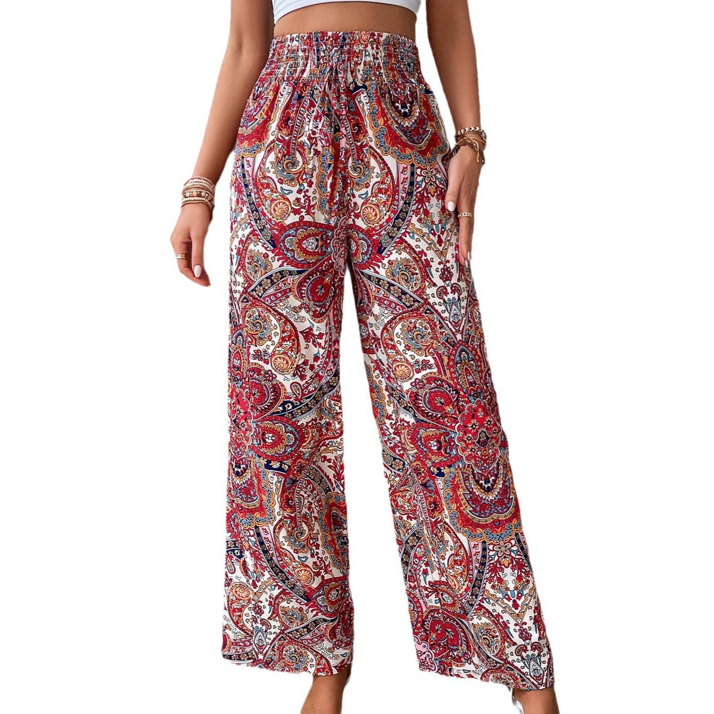 Boho Paisley print long wide-legged pants