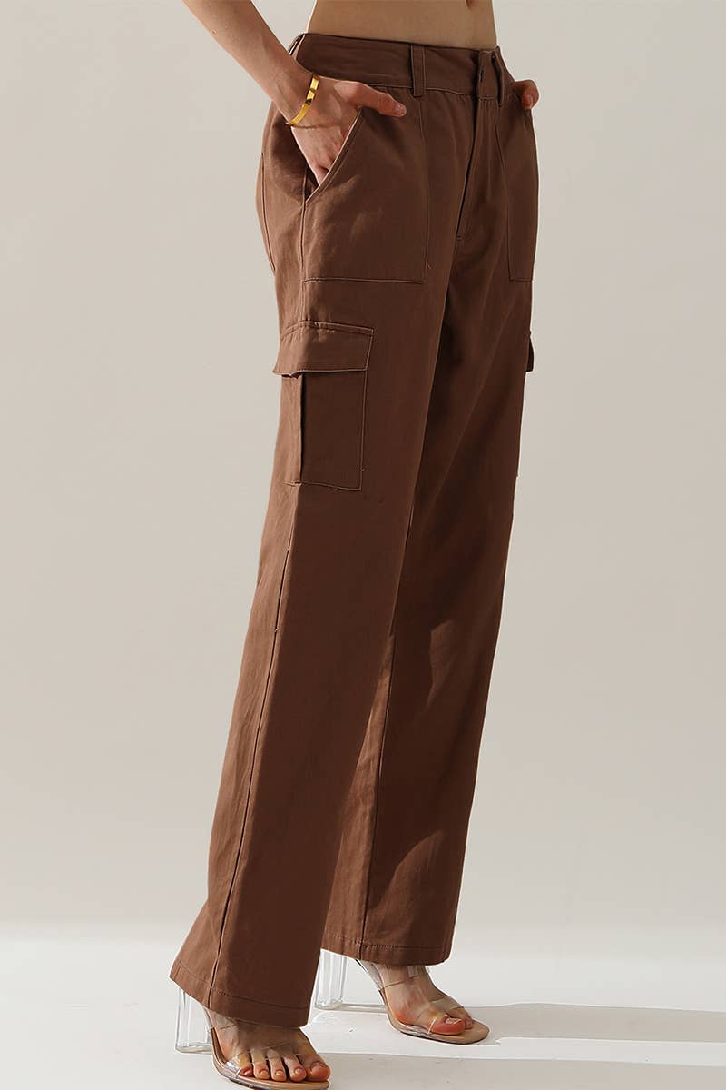 CWBLP421_Cargo Cotton Pants Wide Leg Casual Pants 4 Pockets