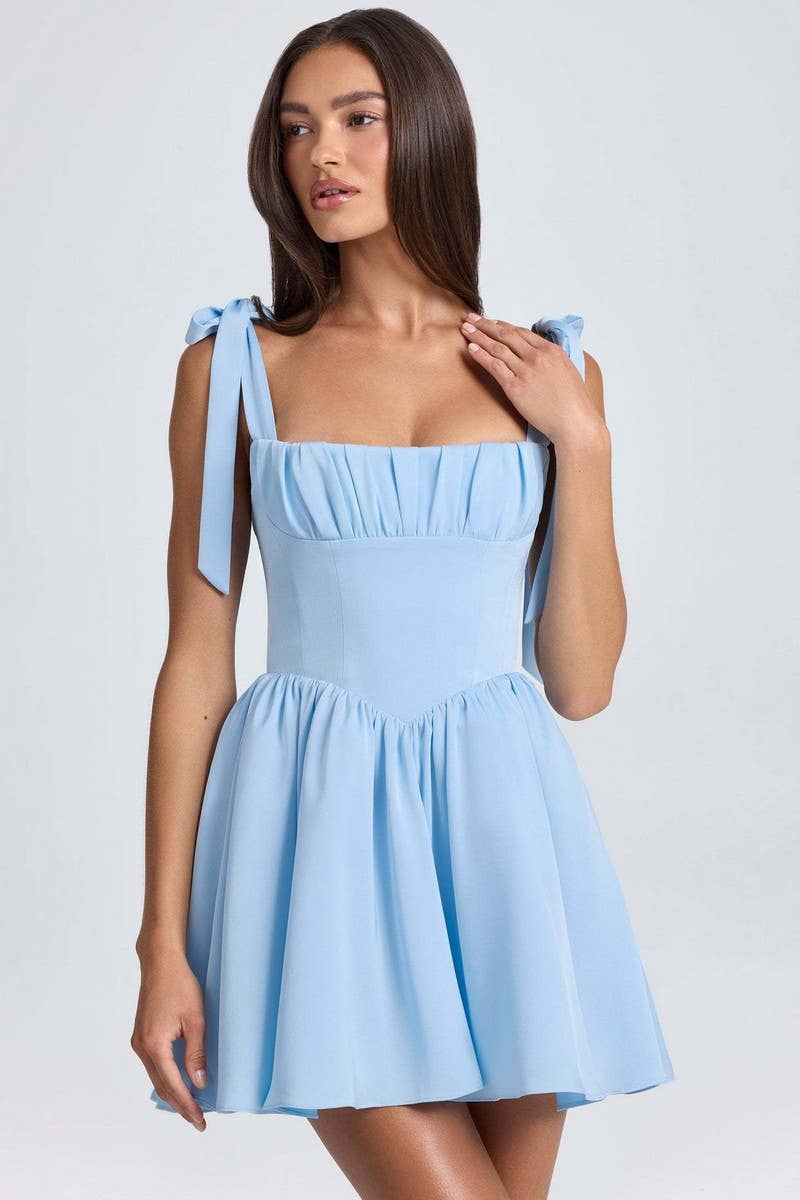 CWDSD8121_SQUARE NECK HIGH WAIST PLEATED BOW SLIP DRESS