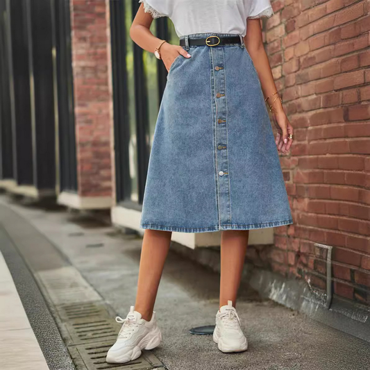 Washed Denim Button Front Skirt for Women Slim