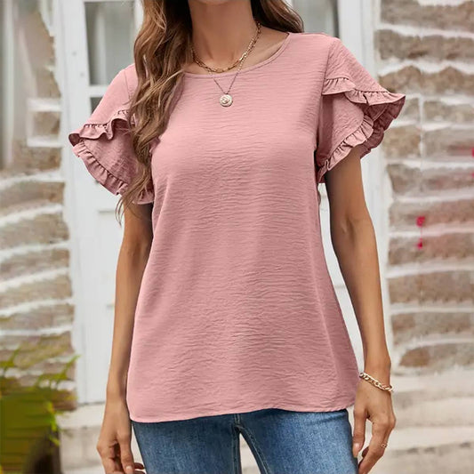 Solid color round neck lace casual T-shirt