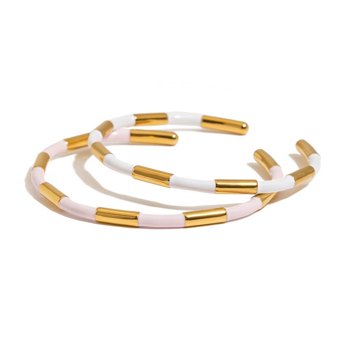 Classic 18K Gold Bamboo Pink Enamel Open Bangle
