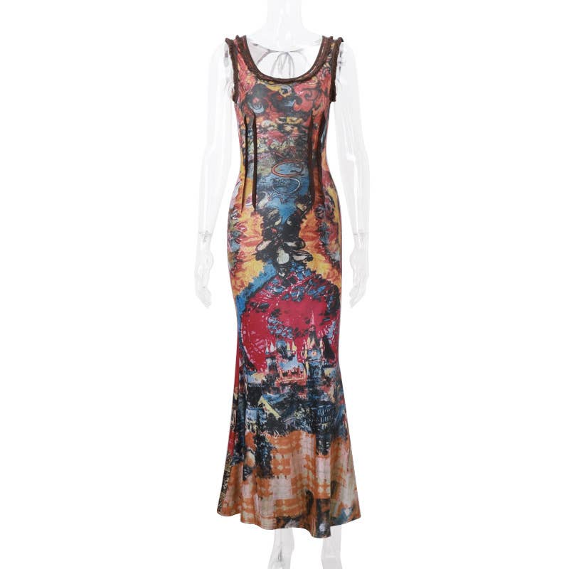 Stylish and retro tie-dyed printed U-neck dress