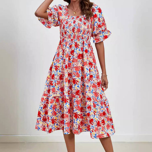 Pleated square collar print dress