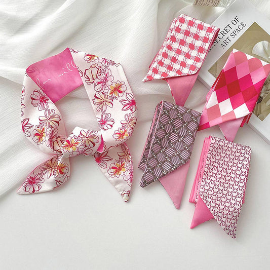 Pink Floral Skinny Scarf ??Hair Tie & Bag Ribbon_CWASC0708