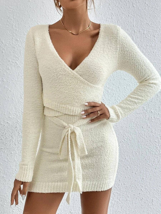 Two-piece knitted solid-color top,skirt set