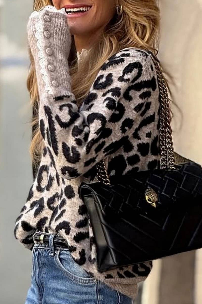 CWOSWL07355_LEOPARD LACE TRIM CREWNECK BUTTON KNIT SWEATER