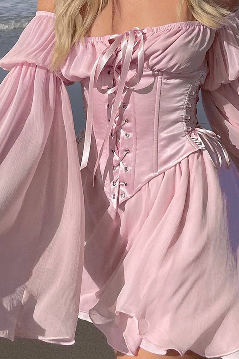 CWDSD6716_OFF-THE-SHOULDER TIE WAIST FLARED SLEEVE DRESS