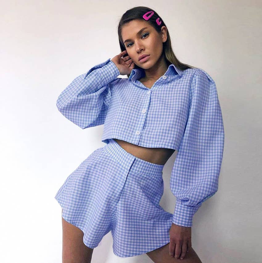 Plaid crop shirt & shorts two-piece set