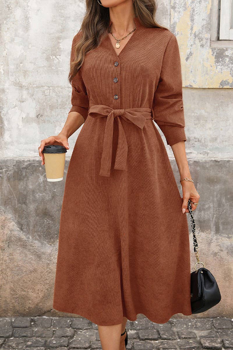 CWDMD01047_BROWN CORDUROY V-NECK LACE-UP COMMUTER DRESS