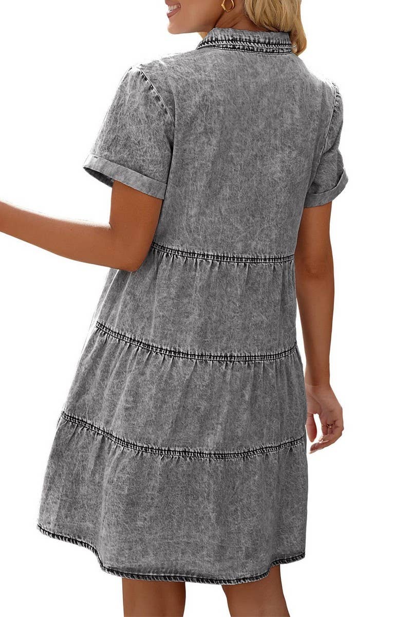 CWDSD5998_DENIM CASUAL SHORT-SLEEVED MIDI DRESS