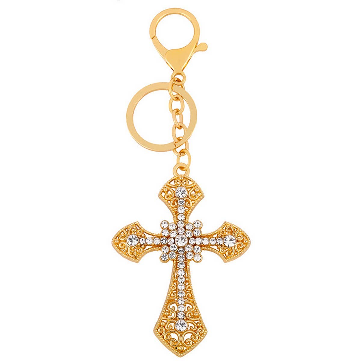 INLAID DIAMOND CROSS METAL KEYCHAIN