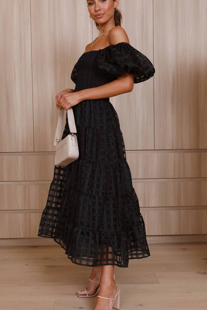 CWDMD5648_OFF SHOULDER LANTERN SLEEVE TIERED RUFFLE DRESS