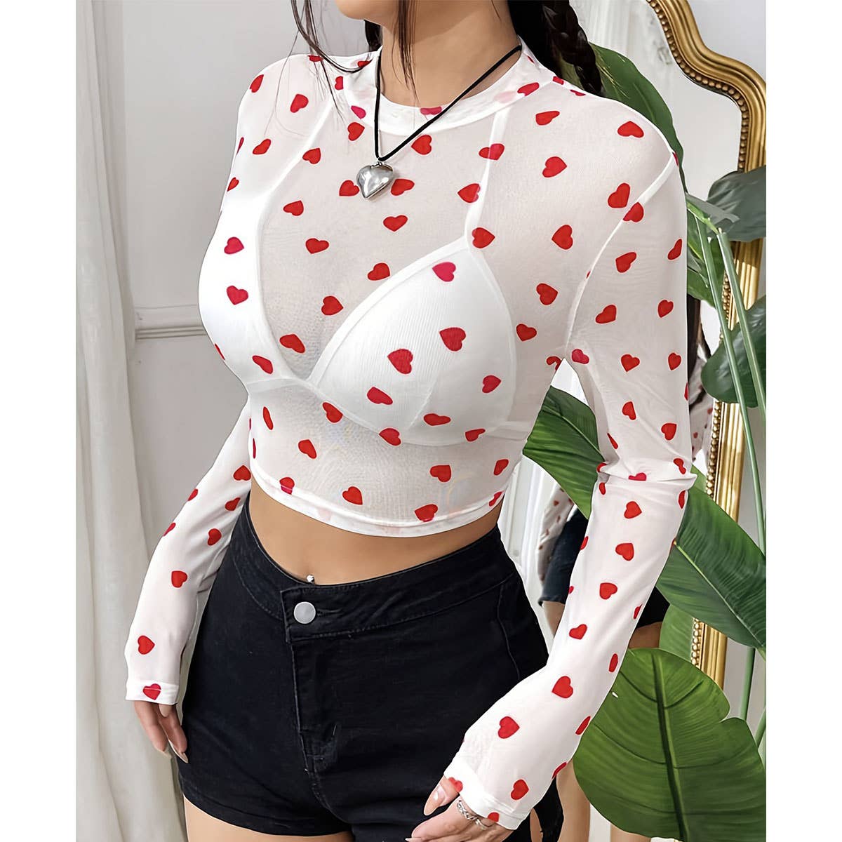 CUTE HEART PRINT MESH ROUND NECK LONG SLEEVE TOP