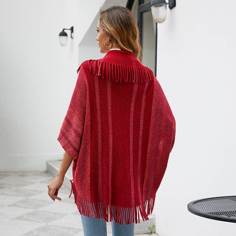 FRINGED CAPE COAT KNITTED STRIPED CAPE WOMAN