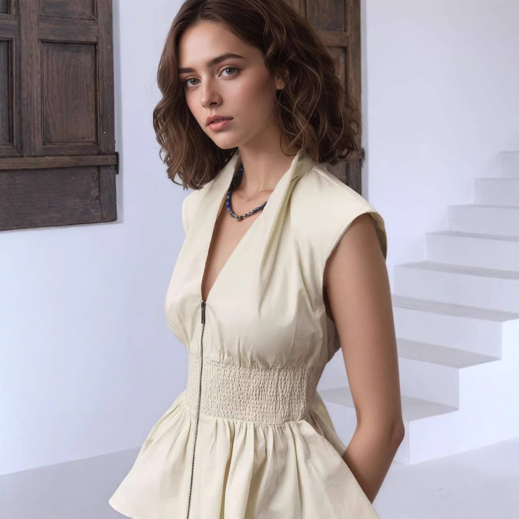 Sleeveless V-zipper pleated cinched-waist top