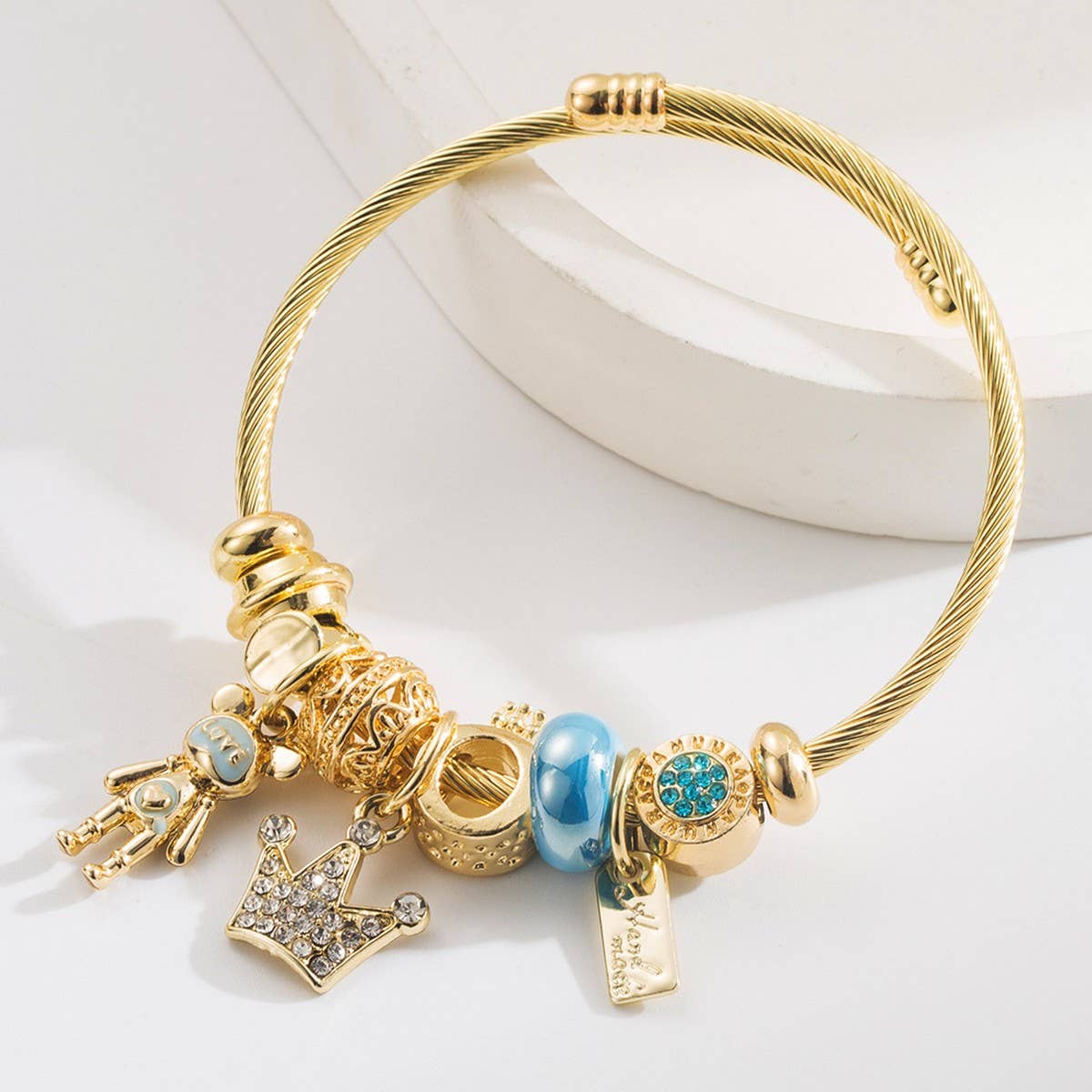 DIY Crown Bear Letter Charm Couple Bracelet