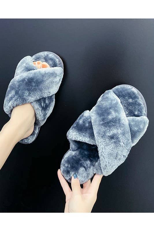 CROSS STRAP FLUFFY CASUAL SLIPPERS