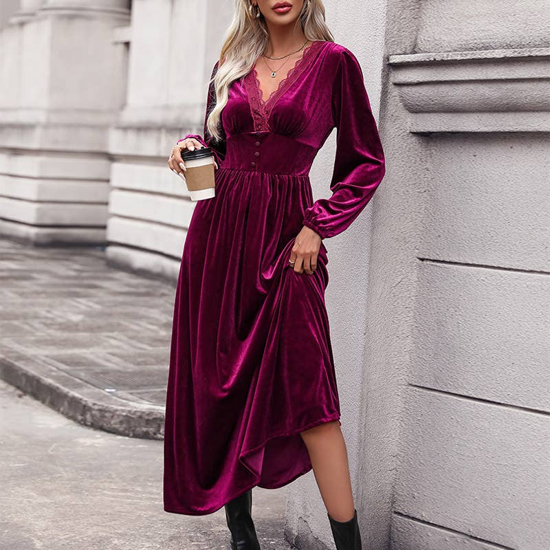 VELVET LONG DRESS LACE GOWN LONG DRESS