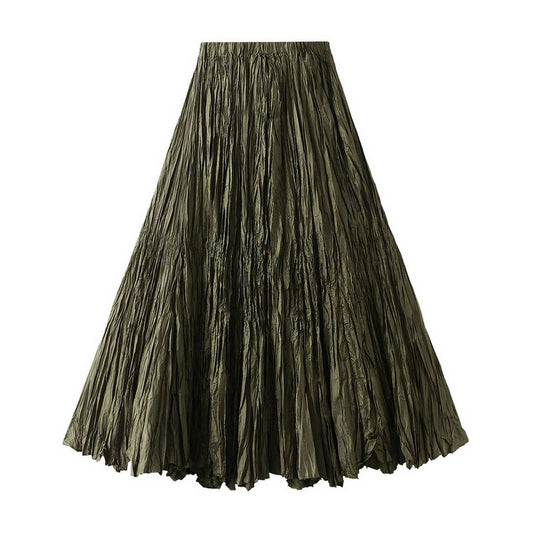 Loose Pleated A-Line Flared Casual Midi Skirt