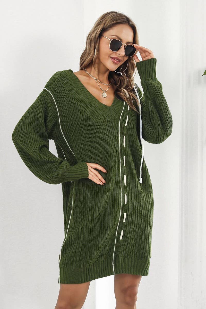 CWDSD7333_LOOSE NEW V-NECK LONG-SLEEVED SWEATER DRESS