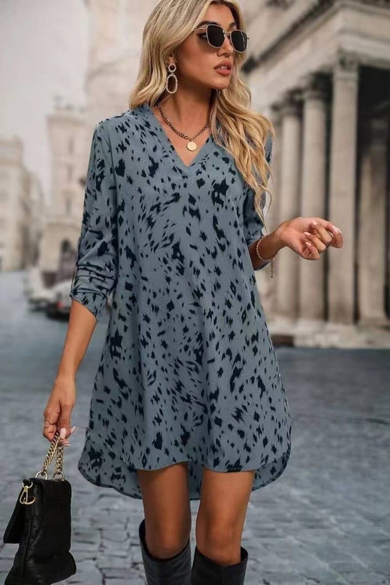 CWDSD3724_LONG SLEEVE V-NECK LEOPARD PRINT SHORT DRESS