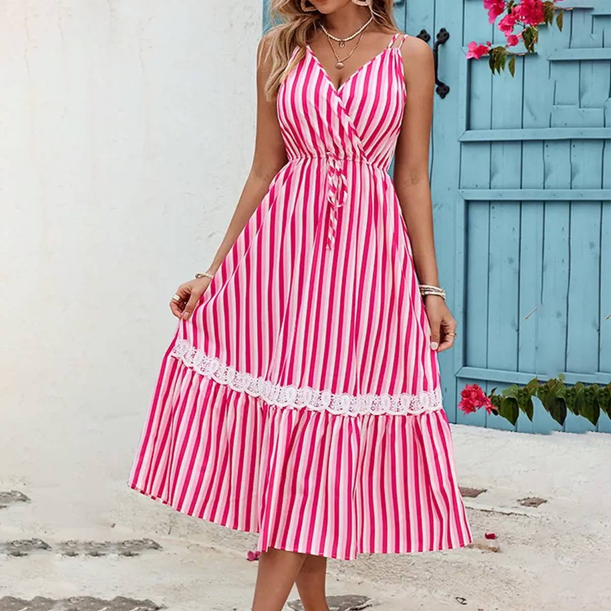 WOMEN'S CASUAL LACE EDGE STRIPED HALTER DRESS_CWDMD1359