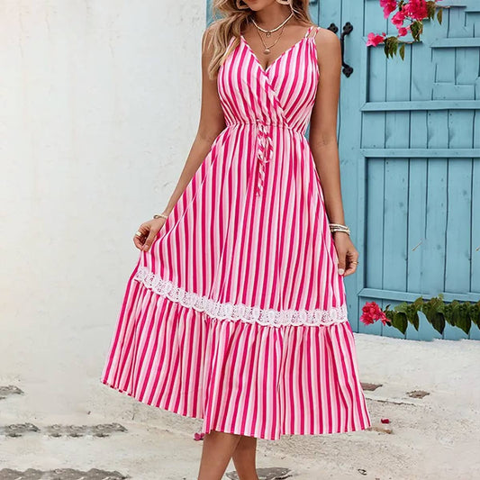 WOMEN'S CASUAL LACE EDGE STRIPED HALTER DRESS_CWDMD1359