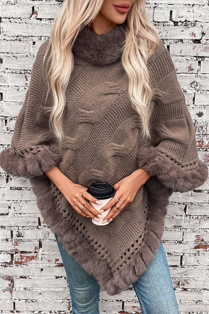 CWOSWL2803_FUR COLLAR THICK CABLE PULLOVER SWEATER CAPE