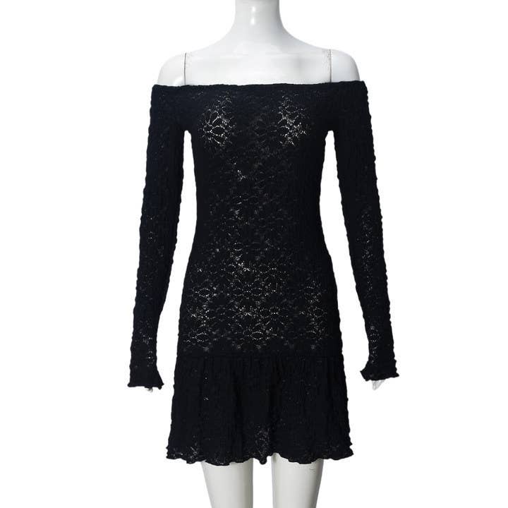 One-neck fitted long-sleeved ruffled dress