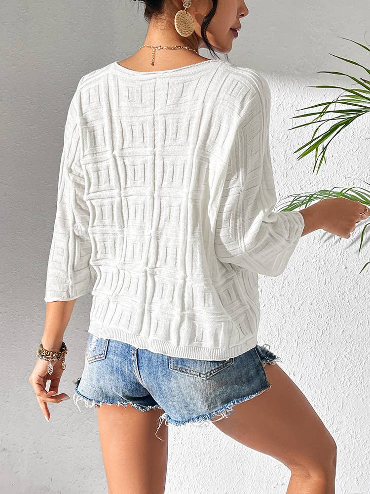 SIMPLE LOOSE KNIT SOLID COLOR PULLOVER V-NECK TOP