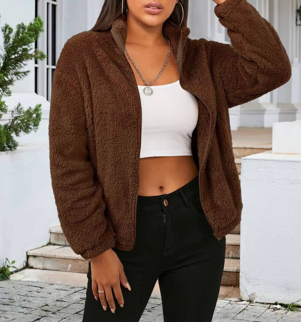 LONG SLEEVE SOLID COLOR PLUSH LOOSE WARM CARDIGAN